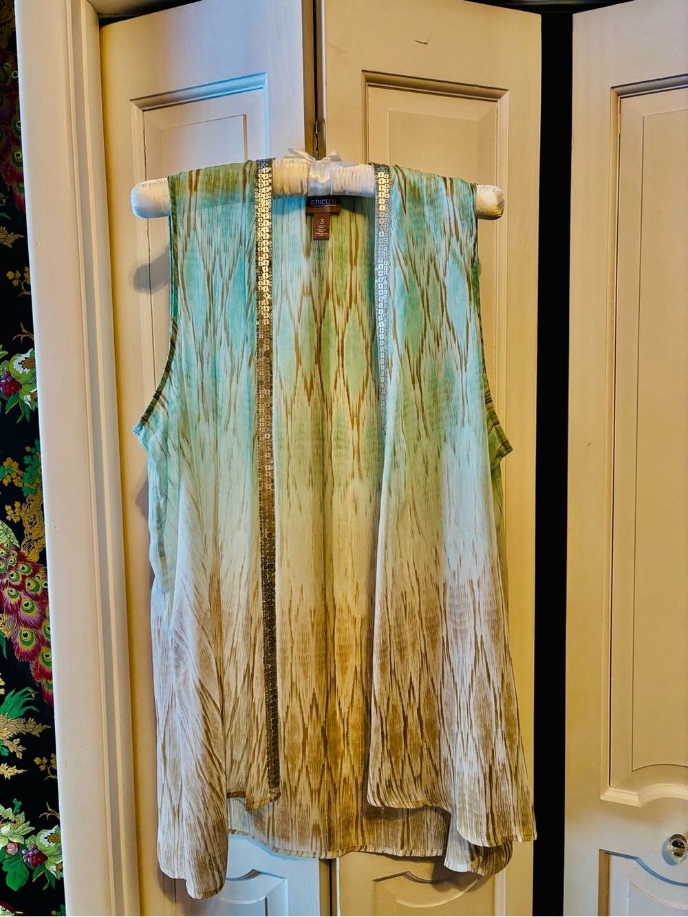 Chico's Mint and Bronze Long Sleeveless Open-Front Vest with Silver Sequin Trim